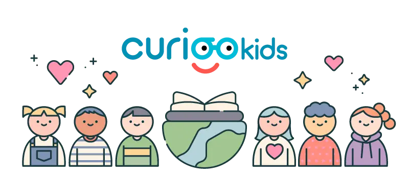 キュリオキッズの子供たちと地球の本のロゴイラスト